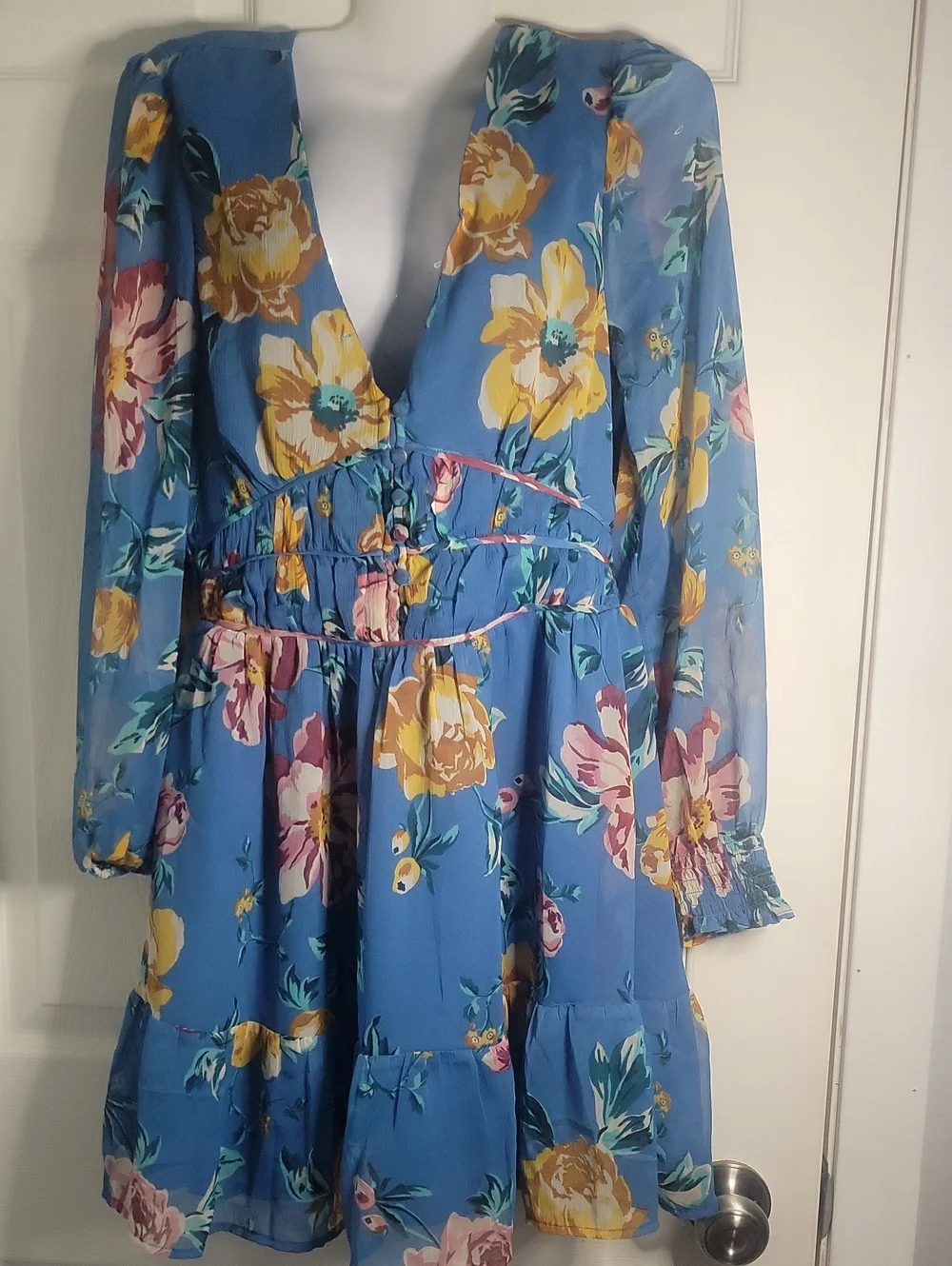 Patrons of Peace Small Blue Floral Button Corset Long Sleeve Mini Dress - Picture 2 of 8